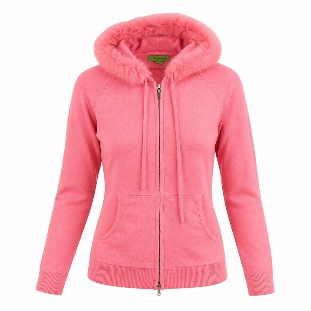 Pink Silk Cashmere Hoodie Womens S Faux Fur Trim Hooded Sweater Zip Y2K Glam